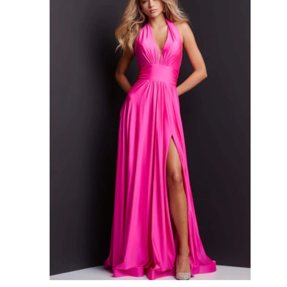 NWT JVN by Jovani Long A Line Maxi Slit Dress Halter V Neck Train